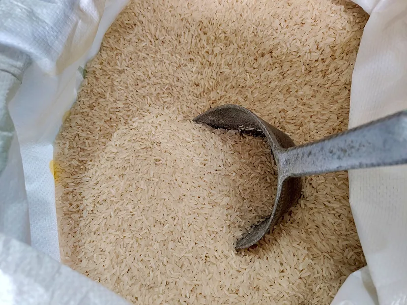 Bulk rice in a sack with a metal scoop – foodstuff supply in South Sudan, Tibleino General Trading